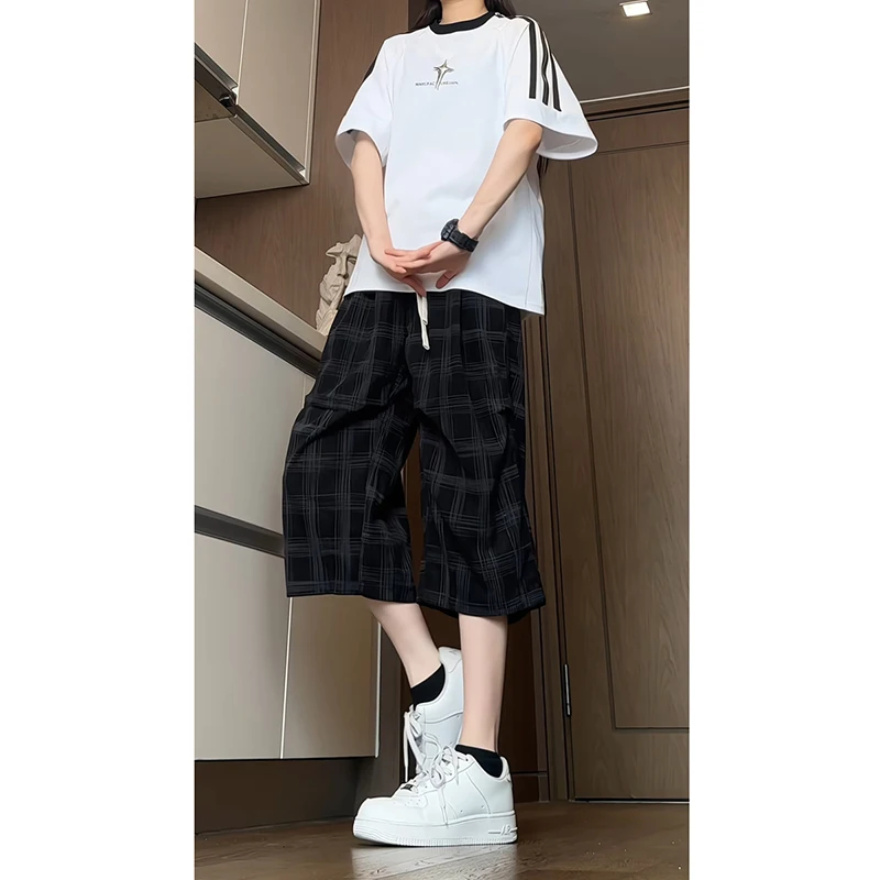 

New Chinese Sle Ice Silk Qui Dry Sports orts Men's Design Sensation Pleated Loose Wide Leg Seven-Foot Pants Summer