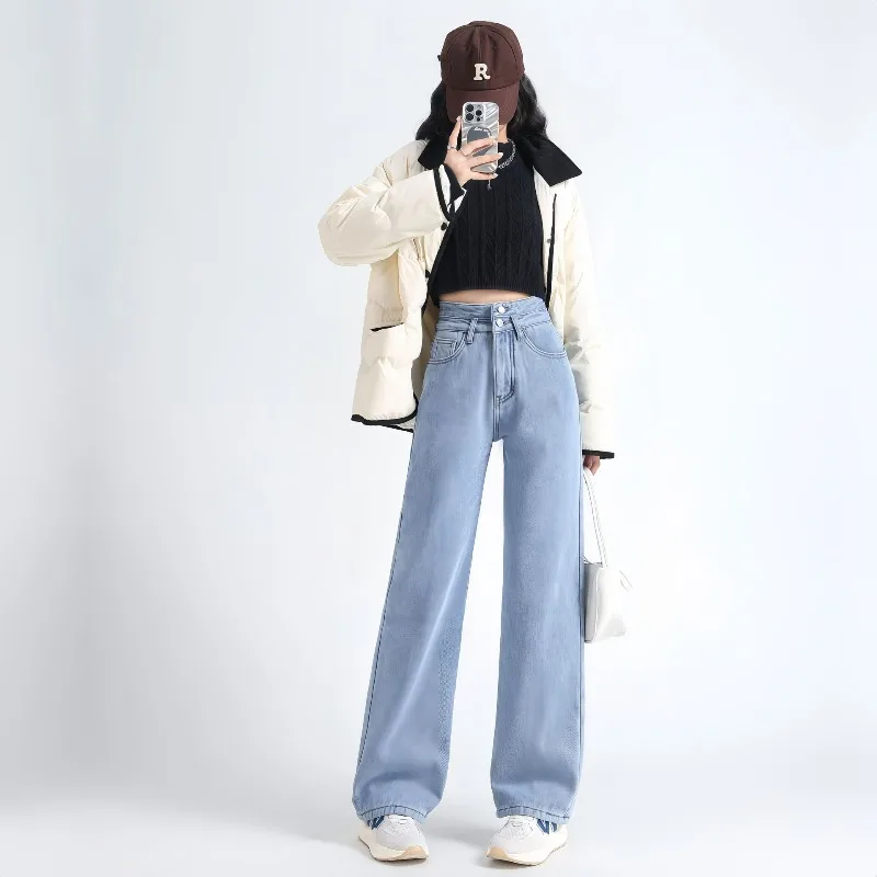 여성용 두꺼운 배기 스트레이트 진 겨울용 따뜻한 하이웨이스트 벨벳 안감 와이드 레그 데님 팬츠 한국 패션 솔리드 캐주얼 바케로스
