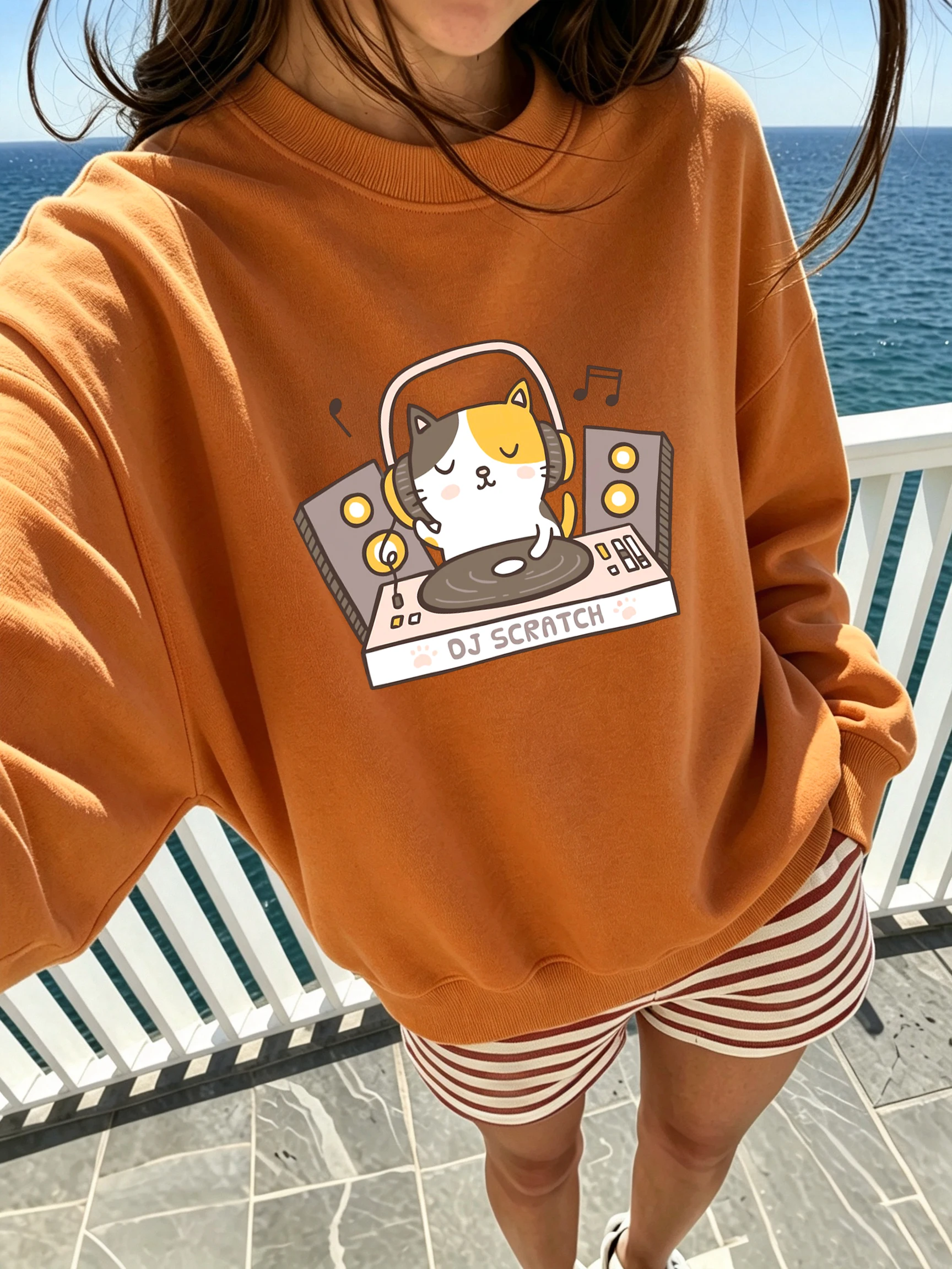 Scratch Hip Hop Music Cat Print All-Match Loose Sweatshirt Street O-Neck Streetwear Hipster Soft Pullover Autumn Casual Top