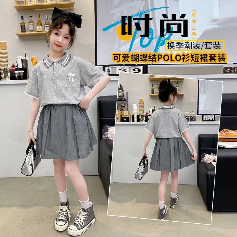 

Juxiong Children's Clothing2026Summer new style girls' fashionable casual chic college-style bow lace pleated skirt set