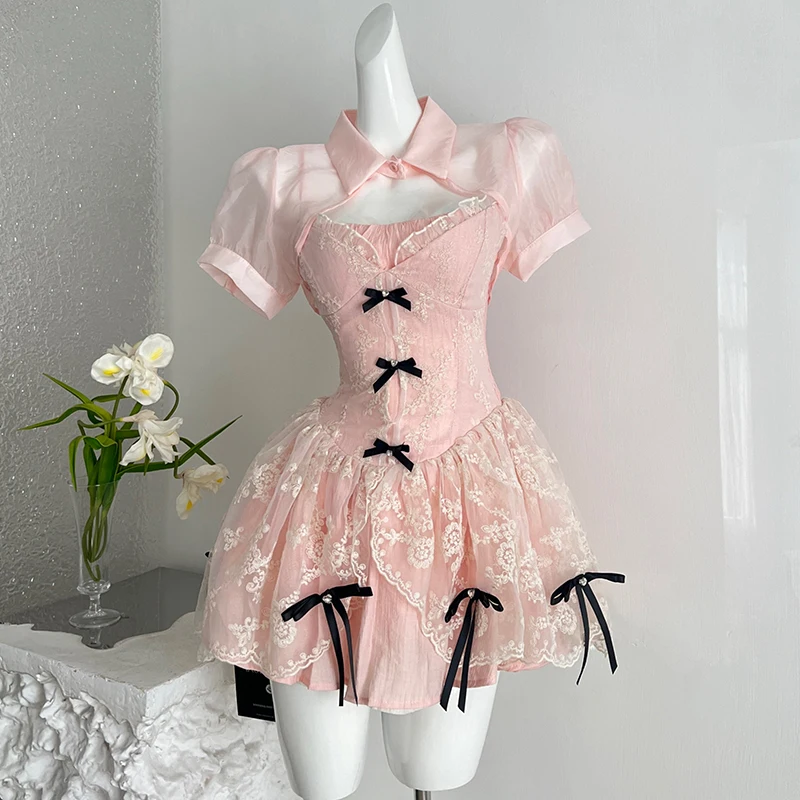 

Two-Piece Dress Sets Lace Embroidred Elastic Zipper Mini Dress Evening Party Elegant Pink Short Dress Vestidos Mujer 2026 New