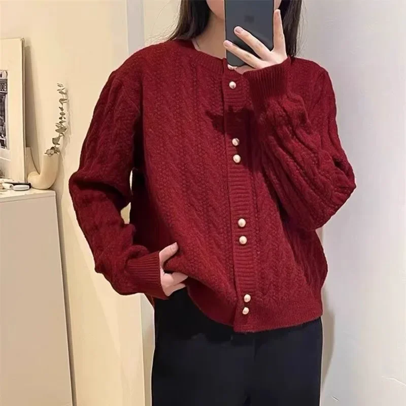 2025 Vintage Autumn Winter Dough Twists Gold Button Sweater Delicate Gentle Women Cardigan Fashion Solid Loose Warm Knit Coat