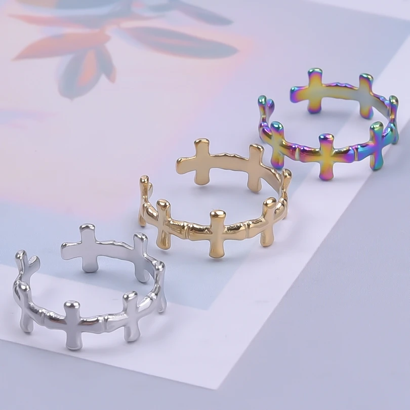 New Minimalist Crosses Splice Design Rings For Women Men Stainless Steel Vintage Religious Cross Open Rings Fashion Jewelry Gift image 2