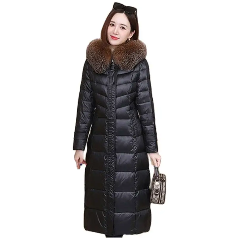 Women's Long White Down  Hooded Fashion Loose Slim Fur Collar Coat Western Style Explosion Winter Warm Coat Female Tide5XL