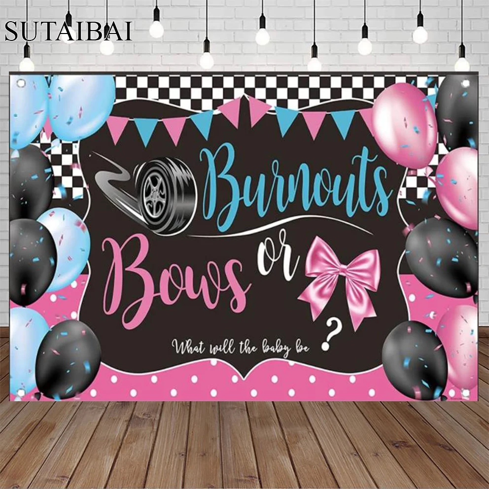 

Blue and Pink Burnouts or Bows Gender Reveal Backdrop Polka Dots Boy or Girl Party Decorations He or She Baby Shower Banner