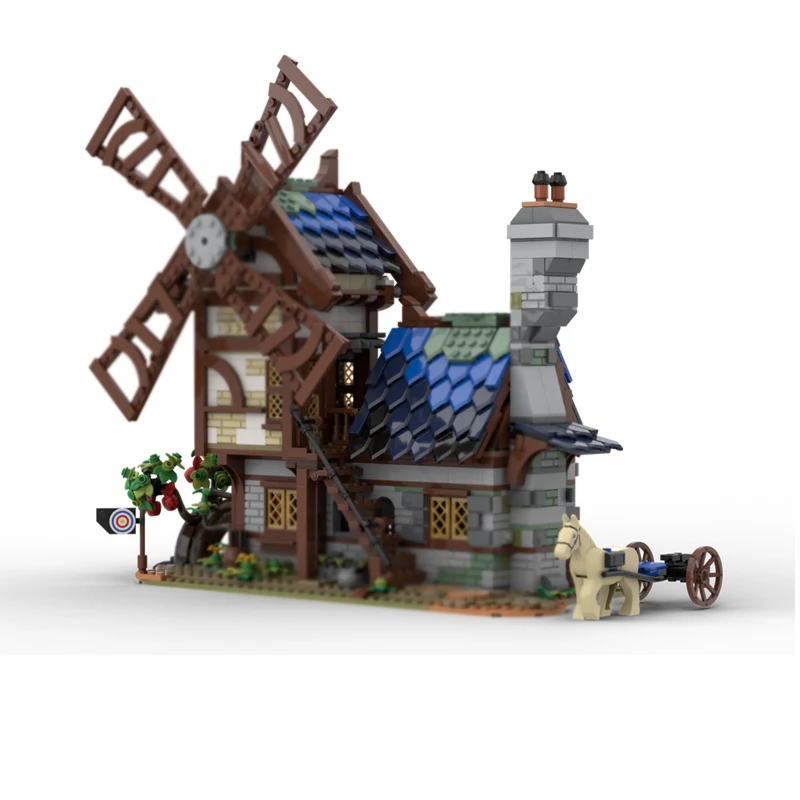 Mittelalterliche Burg Modell MOC Bausteine Kleine Stadt Windmühle Haus Modulare Technologie Geschenke Urlaub Montieren Kinder Spielzeug Anzug