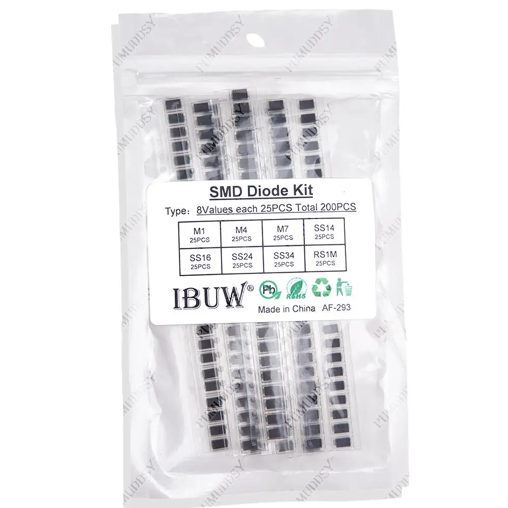 200PCS M1 1N4007 M4 M7 SS14 SS16 SS24 SS34 RS1M  Electronic Components Package SMD Diode Kit Electronic Diy 8 Values Each 25PCS
