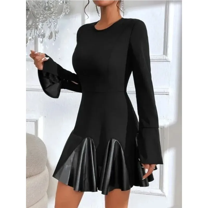 

Women Fashion Half High Collar Club Dress Ladies Casual PU Leather Long Sleeve Party Patchwork Dress