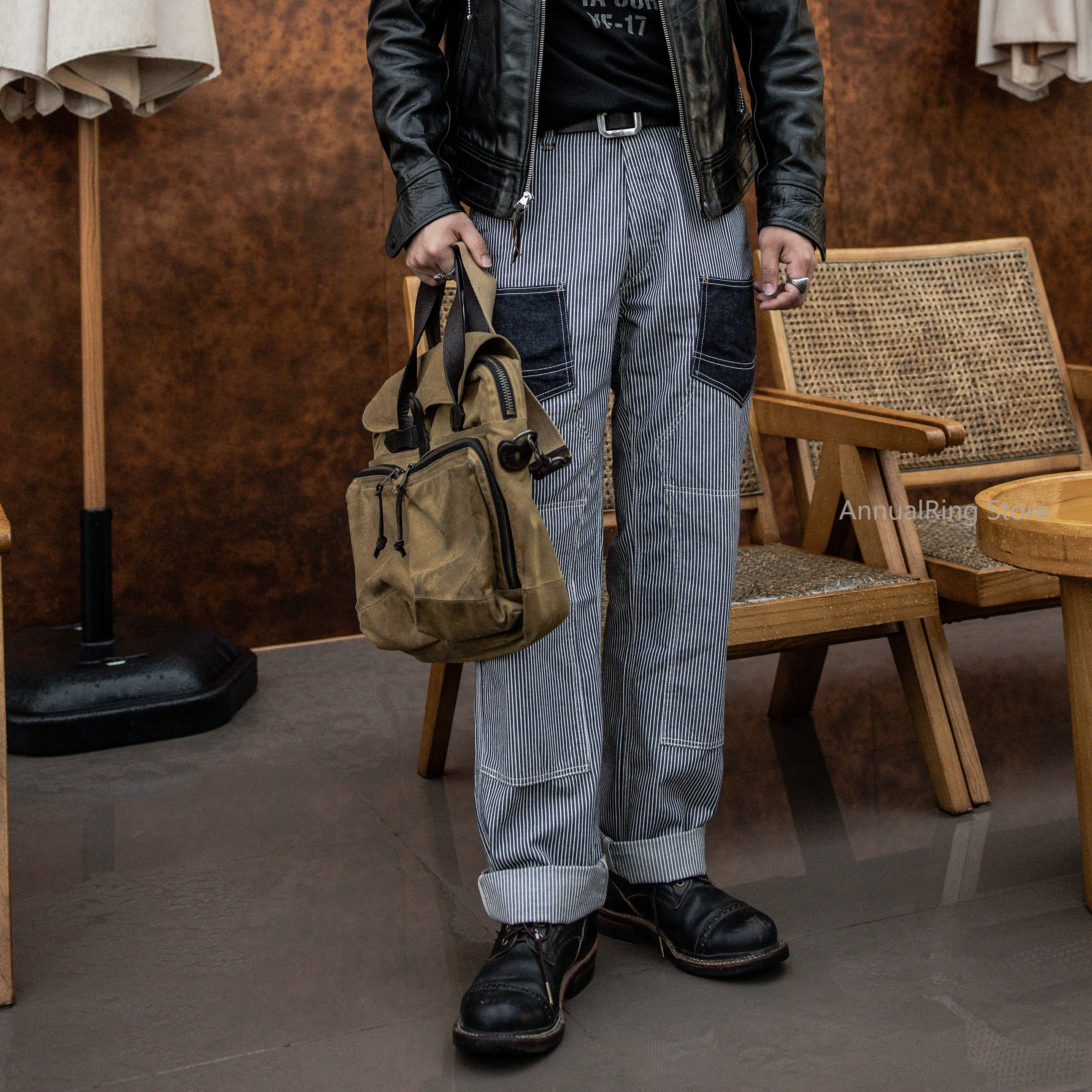 

Red Tornado Hickory Stripes Derrickman Work Pants Denim Patchwork Mens Casual Trousers Amekaji