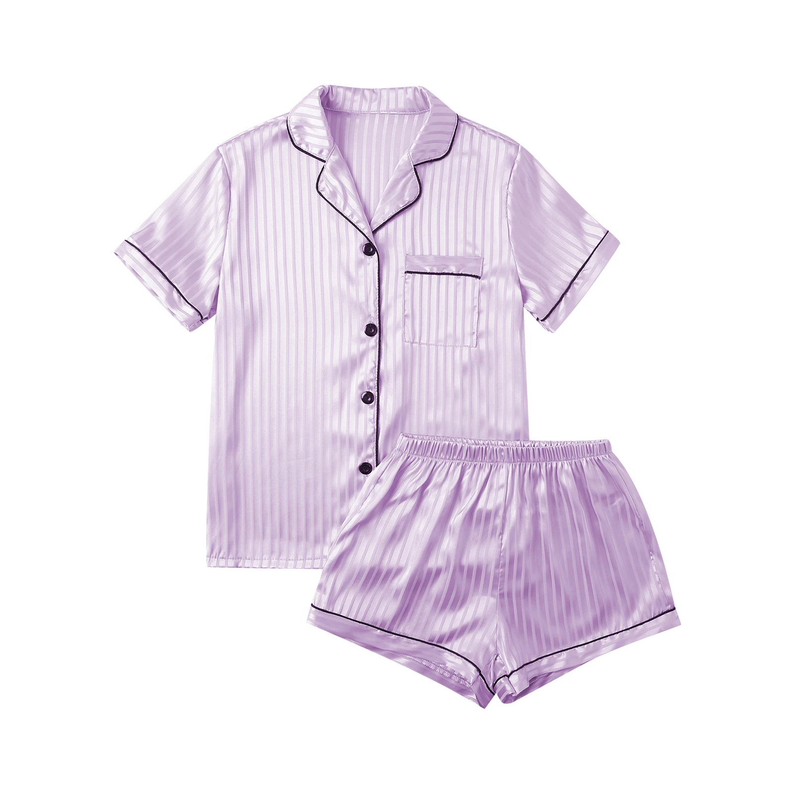 Casual Women Pajamas Set Short Sleeve Lapel Collar Buttoned Shirt Tops Elastic Waist Stripe Short Pants