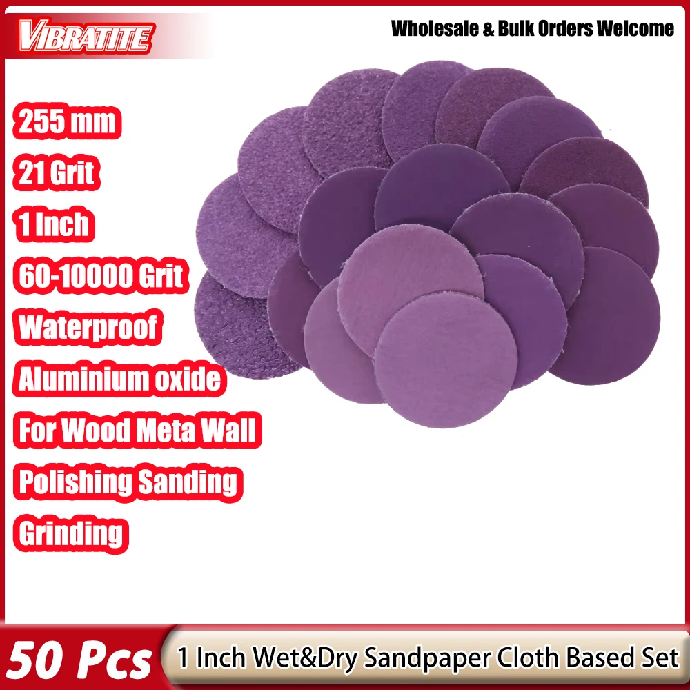 50Pcs 360A Purple 1Inch Sandpaper 25mm Grinding Disc Film Hook&Loop Wet Dry for Wood Metal Automotive Finishing Grinding