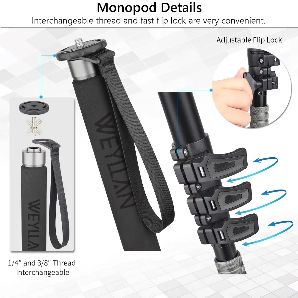 WEYLLAN Professional Video Monopod Kit Unipod with Fluid Head Travel Tripod Stand for DSLR Camera Telescopic Camcorders Phone