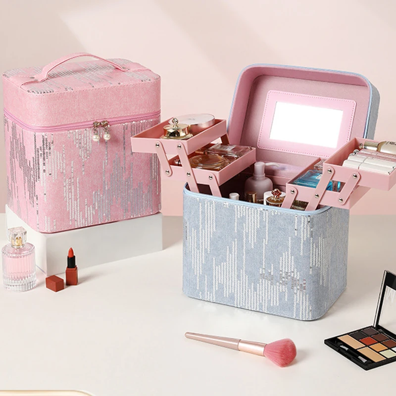 Denim Embroidery Sequin Large Capacity Makeup Box for Women Multi Functional PU Travel Cosmetics Skincare Storage Makeup Bag