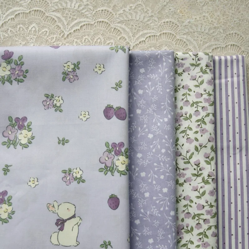 160x50cm purple Lilac Bunny Floral Striped Twill Cotton Cloth Dress Clothing Fabric Handmade Diy