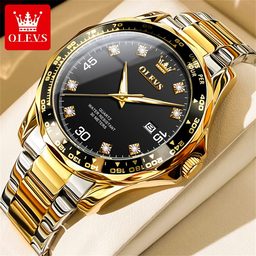 OLEVS-reloj analógico de acero inoxidable para hombre, accesorio de pulsera de cuarzo resistente al agua con calendario, complemento masculino de marca de lujo con esfera luminosa, complemento masculino de marca de moda clásica y Original