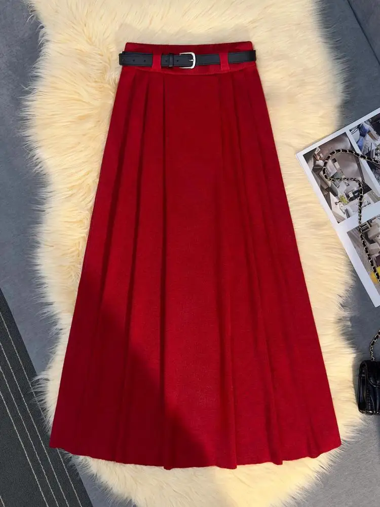 

Korean Fashion Vintage Women Solid Elegant High Waist Party Long Skirts 2024 Autumn Winter A-line Pleated Knit Skirt Streetwear