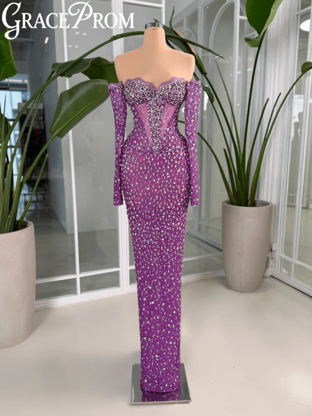 

Purple Lace Crystal Evening Dress Romantic Sweetheart Neck Wedding Party Gowns Customized Luxury Straight Long Banquet Gowns