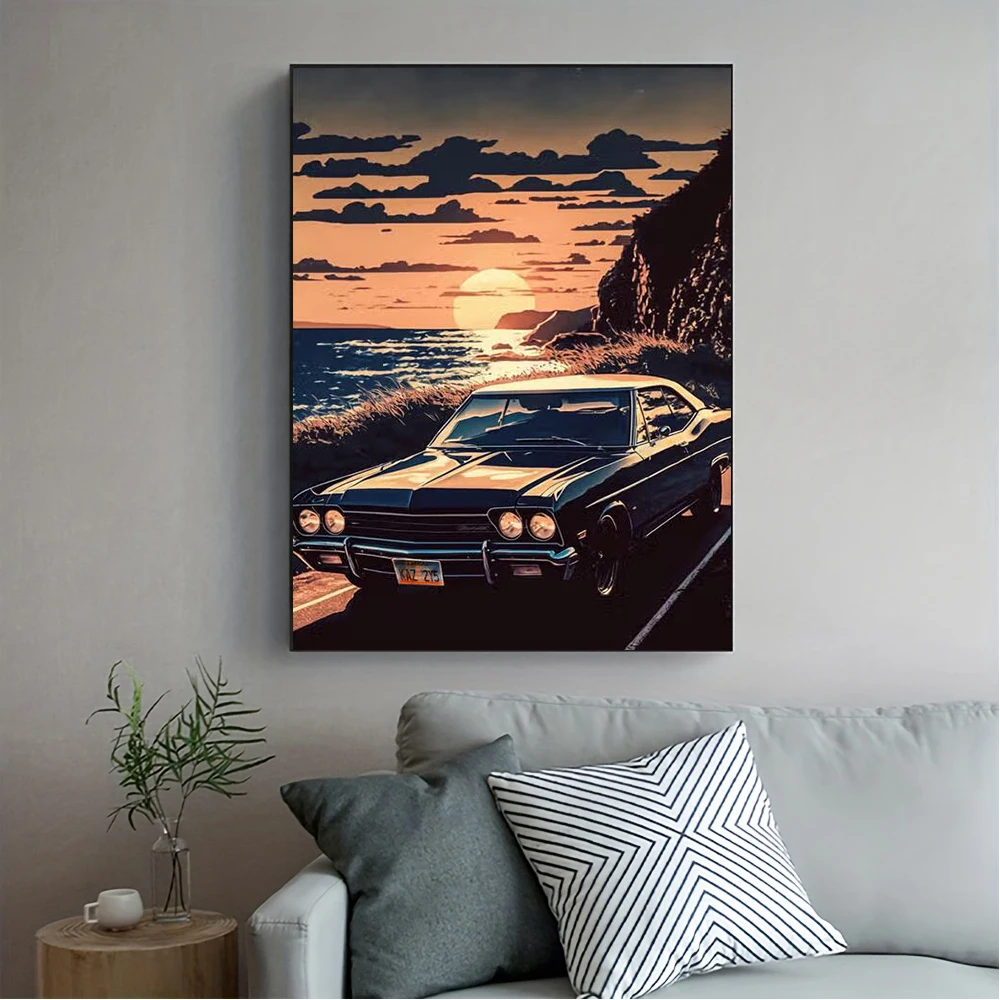 Vintage Supercar Car Wall Art Poster And Prints Car Driving At The Foot Of Mount Fuji Canvas Painting For Living Room Home Decor