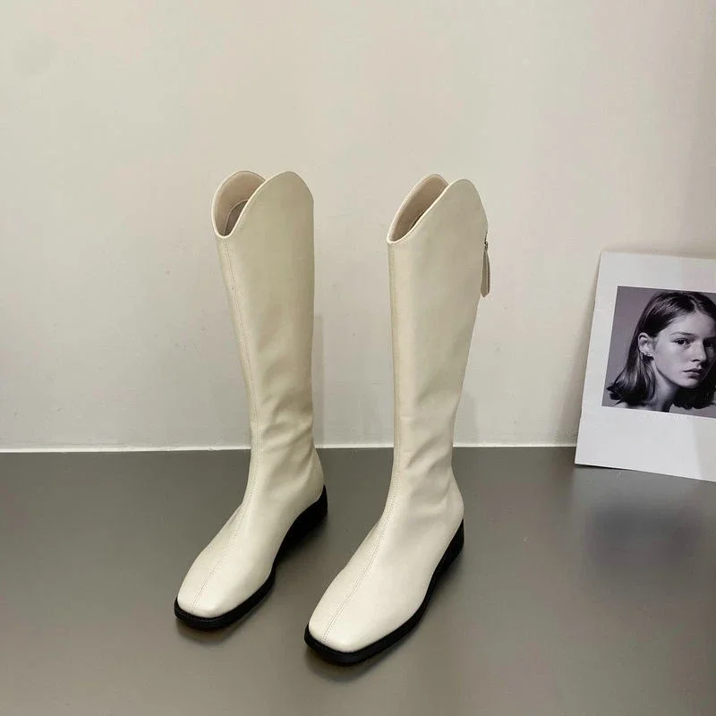 

Footwear Punk Shoes for Woman Winter Knee High Shaft Western Women's Boots Elegant with Low Heels White Long Square Toe Chic Y2k