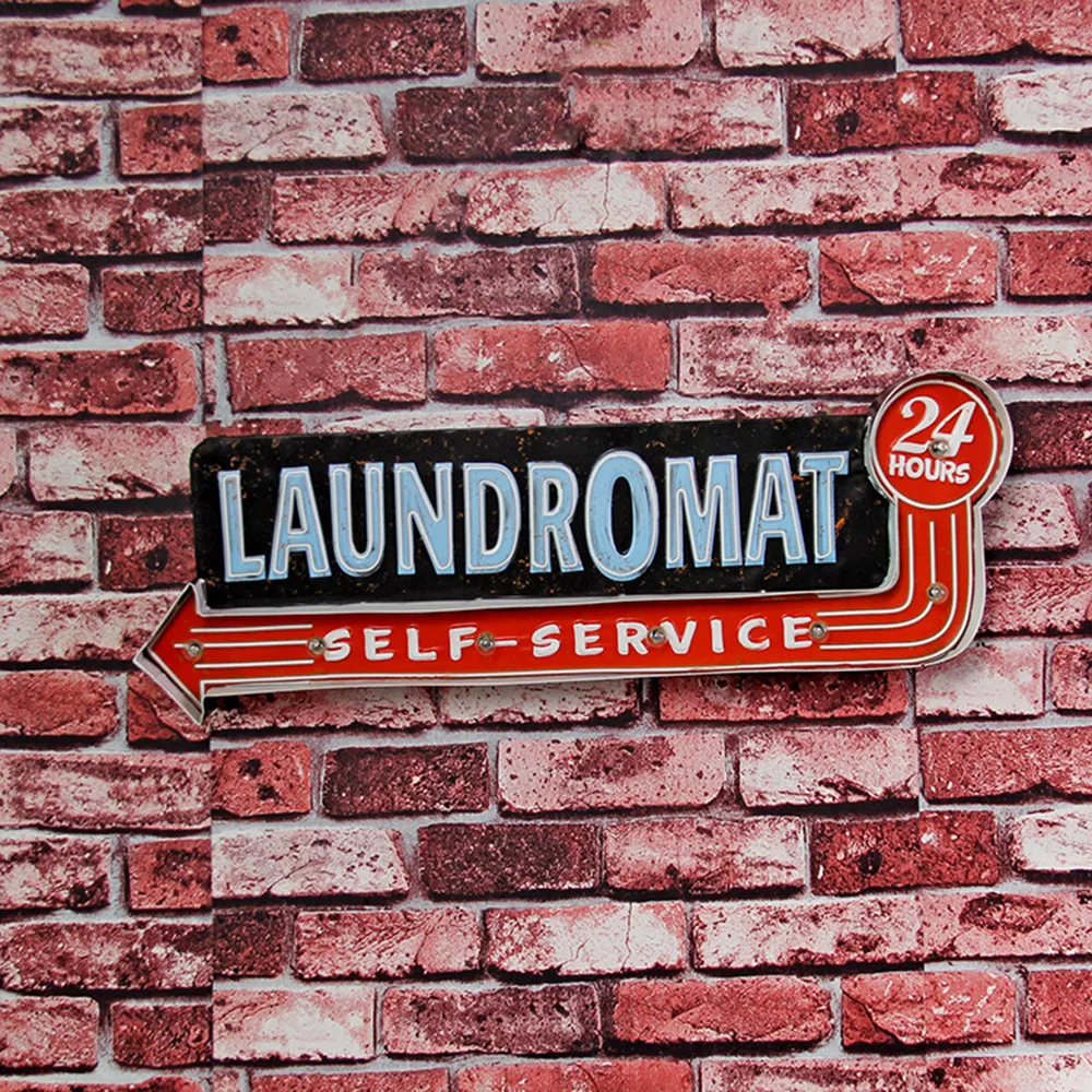 Vintage LED Light Metal Hanging Sign LAUNDROMAT Laundry Shop Art Wall Decoration Wrought Iron Wall Decoration Store Signs