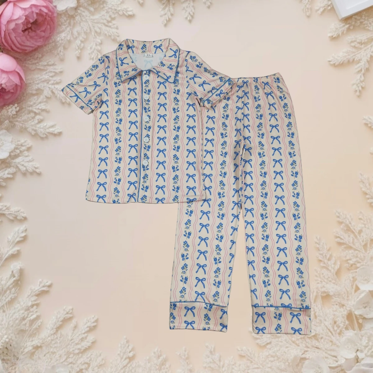 

Women's Pajamas Set Fashion Print Bows Flowers Sleepwear Button Down Tops and Pants Loose 2PCS Suit Femme Nightwear Loungewear