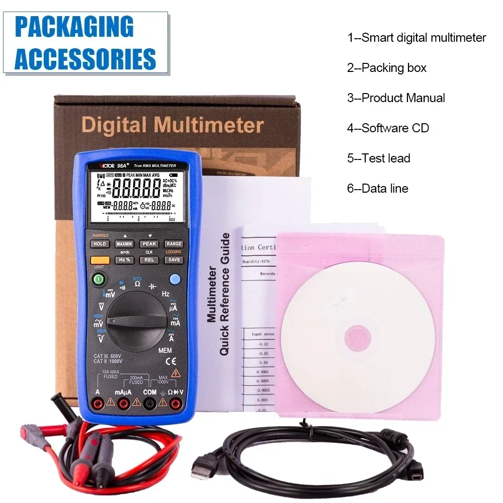 Multimeter 98A TRUE RMS 22000 Counts RTD PT100 Thermocouple Tester New In LCD Backlight Portable USB AC/DC Ammeter Ohm Voltmeter
