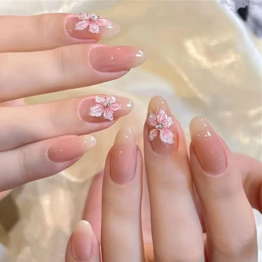 Pétalo de flores 3D, arte de uñas usable, moda Simple, uñas postizas de almendra francesa negra, uñas postizas terminadas desmontables, prensa en las uñas