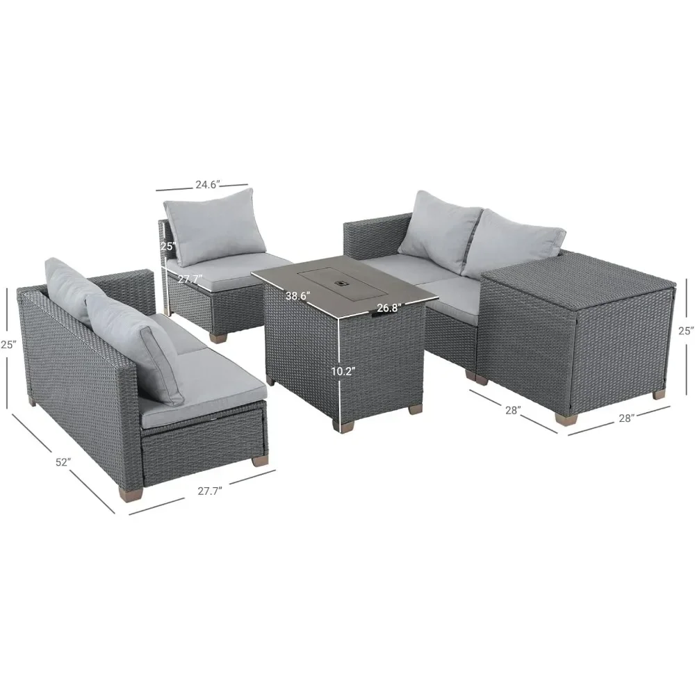 5-Piece Outdoor Sectional Sofa Sets, All-Weather Wicker Patio Furniture Sets with Fire Pit Table and Outdoor Storage Box