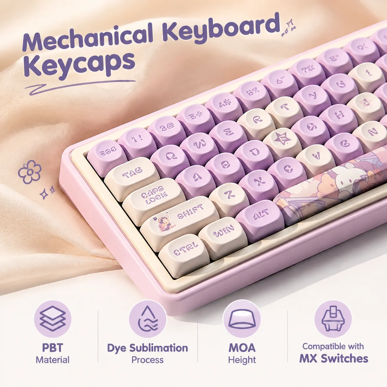 Cute Purple Bunny Keycaps,Custom PBT Dye-Sub MOA Profile Key Cap For MX Switches Mechanical Keyboard 60% 75% 80% 100%