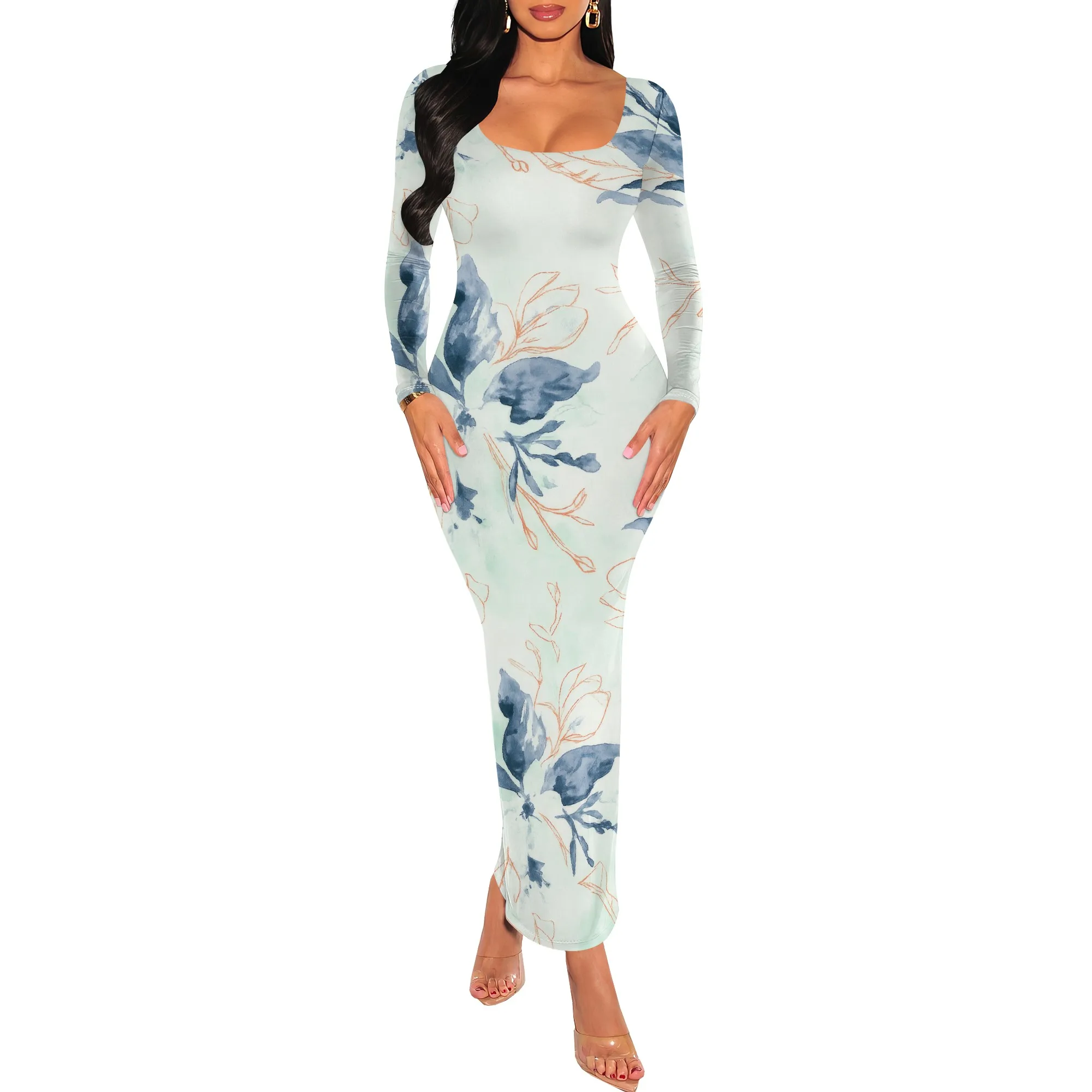 

Fashion Women's Autumn Long Sleeve Sexy Tight Dresses Fashion Multicolor Casual Square Neck Low Cut Dress Party Club Night