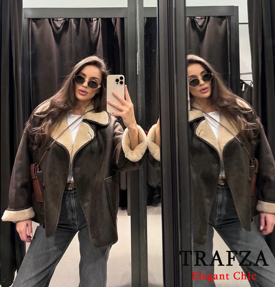 TRAFZA Vintage Women\'s Fall Winter Fleece Lapel Pockets Buttons Jacket Coat New 2024 Fashion Casual Retro Loose Coat