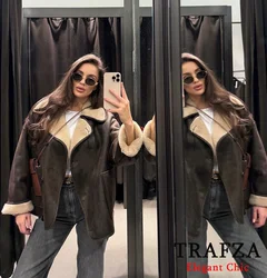 TRAFZA Vintage Women's Fall Winter Fleece Lapel Pockets Buttons Jacket Coat New 2024 Fashion Casual Retro Loose Coat