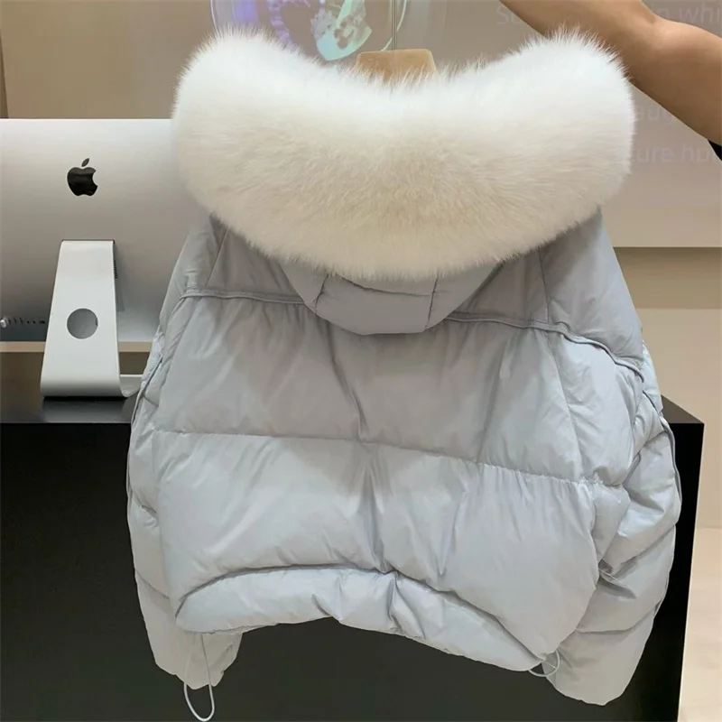 New Winter Luxury Fur Parka Women Natural Real Fox Fur Collar 90% White Duck Down Jacket Thick Warm Loose Short Coat