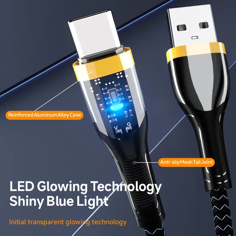 كابل بيانات رقمي شفاف ، USB إلى النوع C ، سلك شحن سريع ، سلك آيفون ، وسامسونج ، و شاوميو إس بي ، وواوي ، و 65 واط