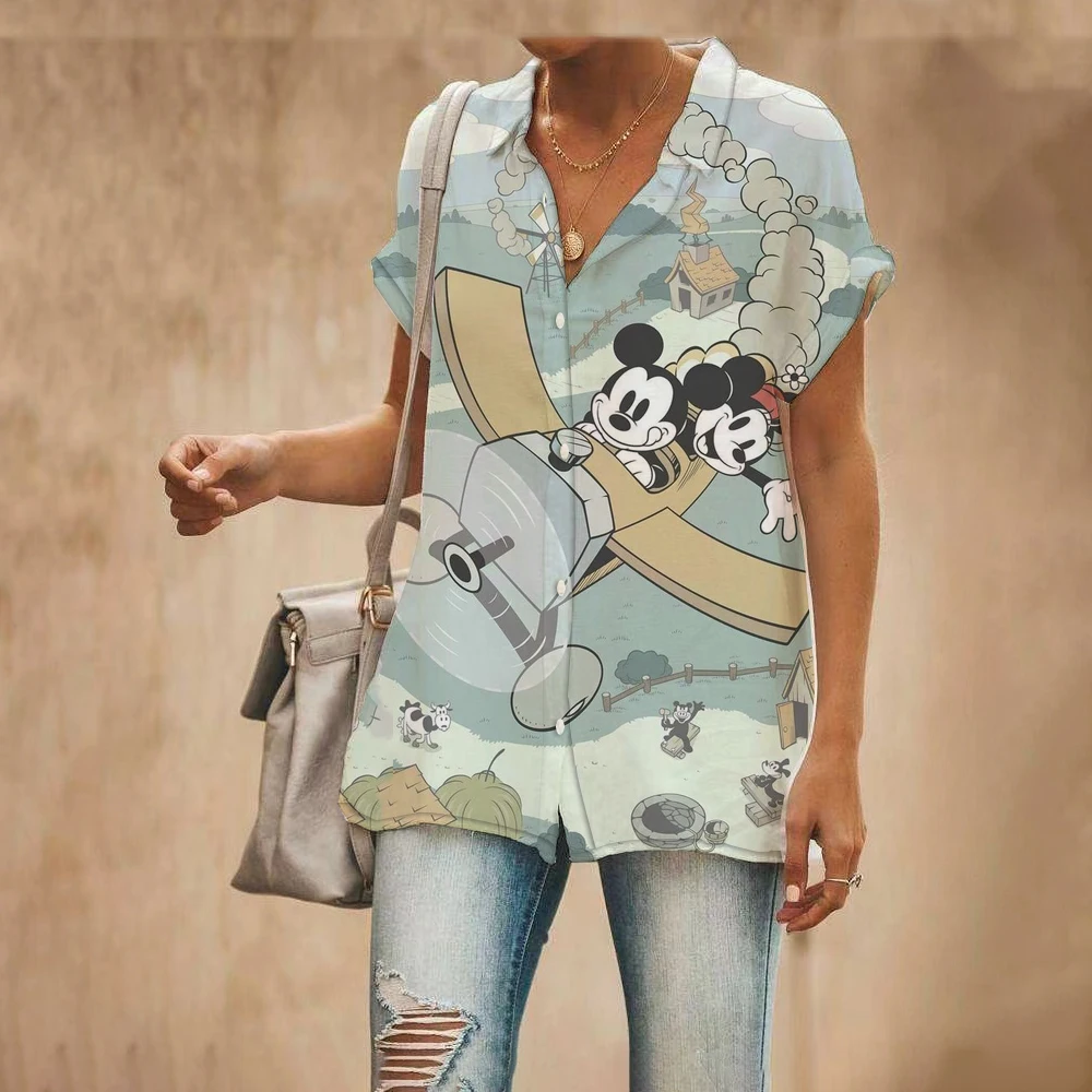 Summer New Street Style Disney Brand Mickey And Minnie Anime Short Sleeve Shirt Fashion Casual Ladies Harajuku Kawaii Top Y2k