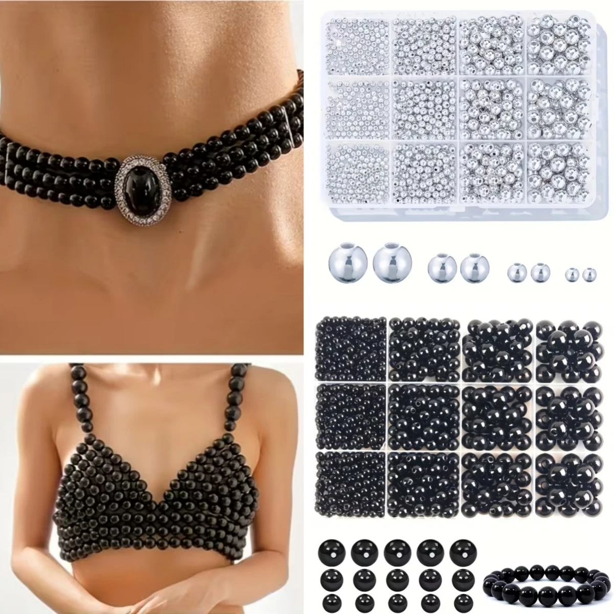 4/6/8/10mm Black, Silvery, Golden, Off White Bead Set. DIY Accessories, Decorative Beads, Ornaments, Pendants, Holiday Gifts