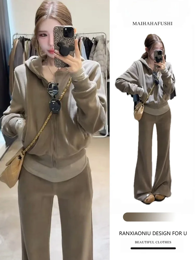 

Trendy 2025 Women's Street Sle Set Slimming Hoodie Jaet Wide Leg Pants Two Piece Casual Faion Ensemble High Waist