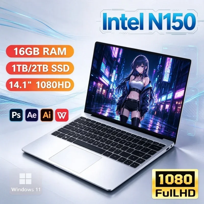 14.1'' Gaming Notebook Windows11 Intel Core N150 Portable Laptop PC Lightweight Notebook Computer For Home Office Study Online