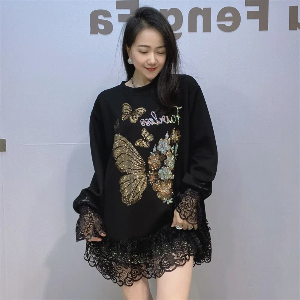 

Hot Drilling Knitted O Neck Long Sleeve T-shirts Women Clothes Summer Butterfly Diamonds Lace Side Space Cotton Loose T Shirts