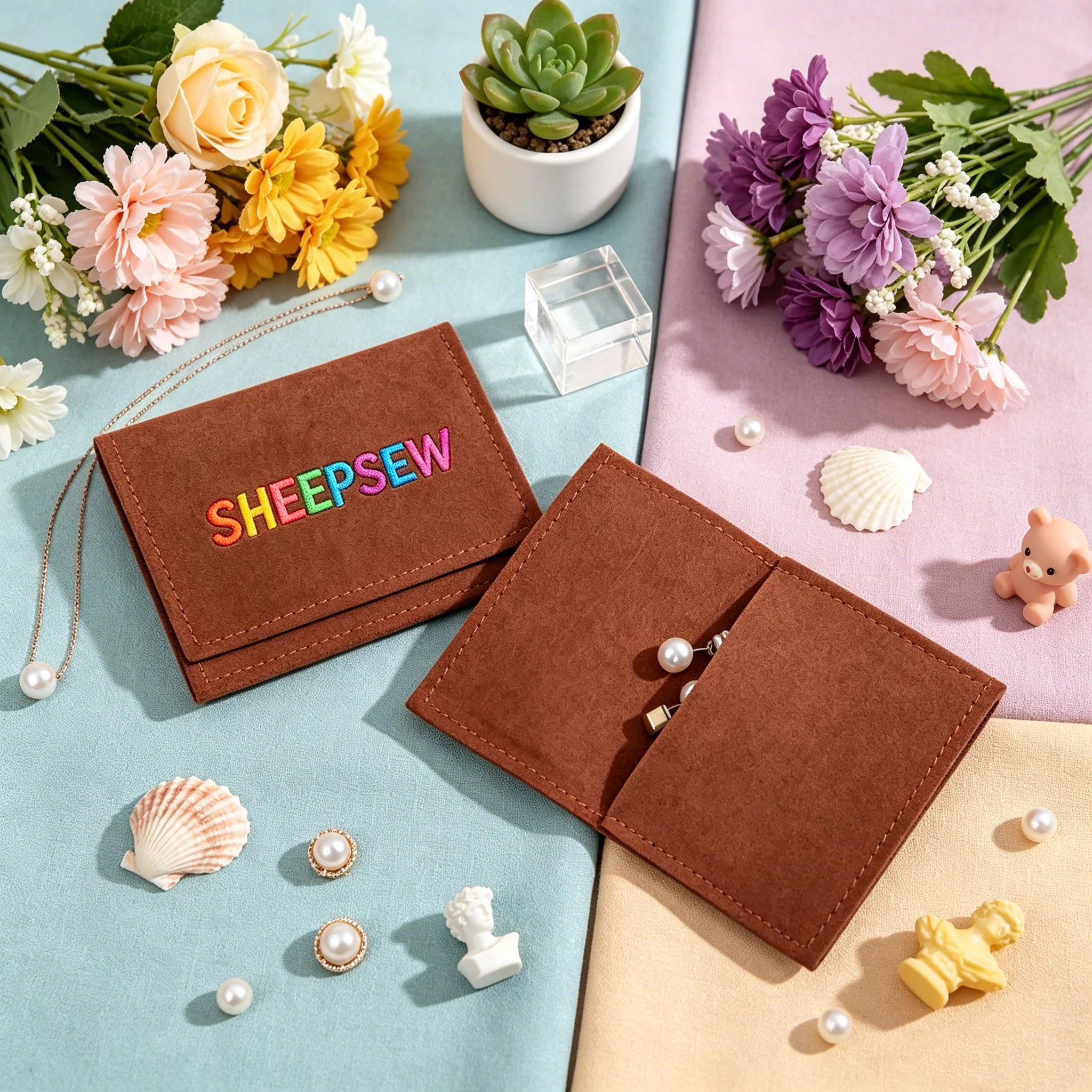 50pcs SHEEPSEW Envelope Flap Microfiber Suede Jewelry Packaging Pouch Custom Logo Luxury Storage Bag for Small Accessories