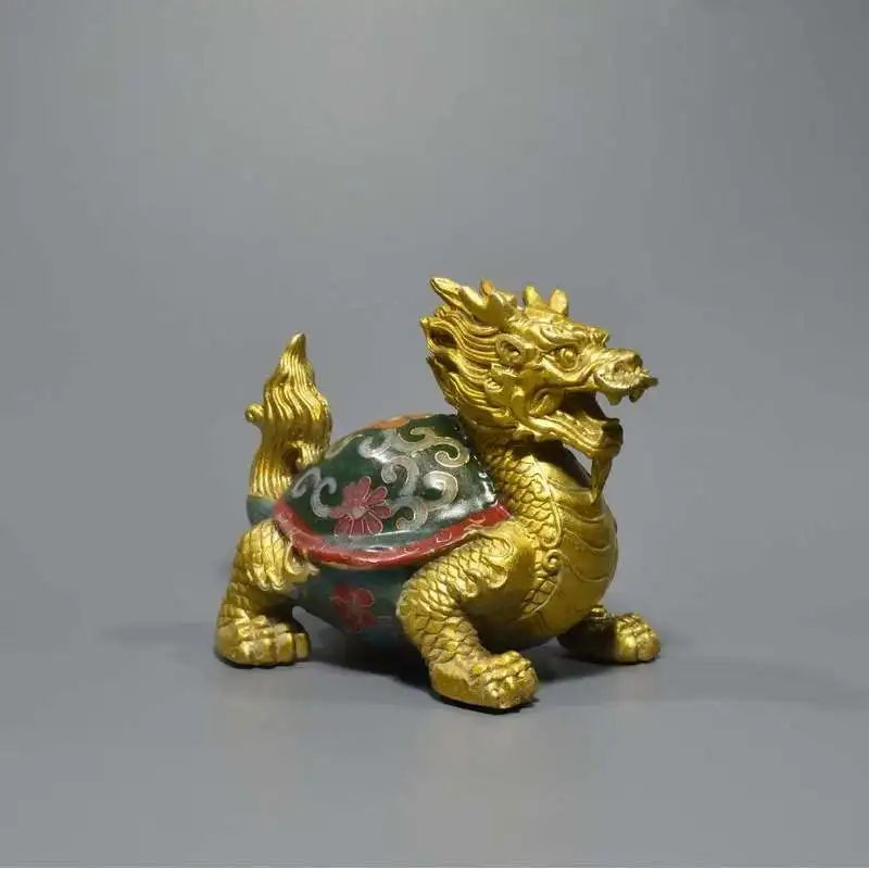 Copper-bodied cloisonné dragon turtle home living room decoration, gilded brass craft ornament