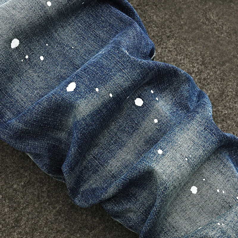 Street Designer Fashion Men Jeans Retro Blue Stretch Slim Fit Painted Ripped Jeans Men Y2K Vintage Casual Denim Pants Hombre