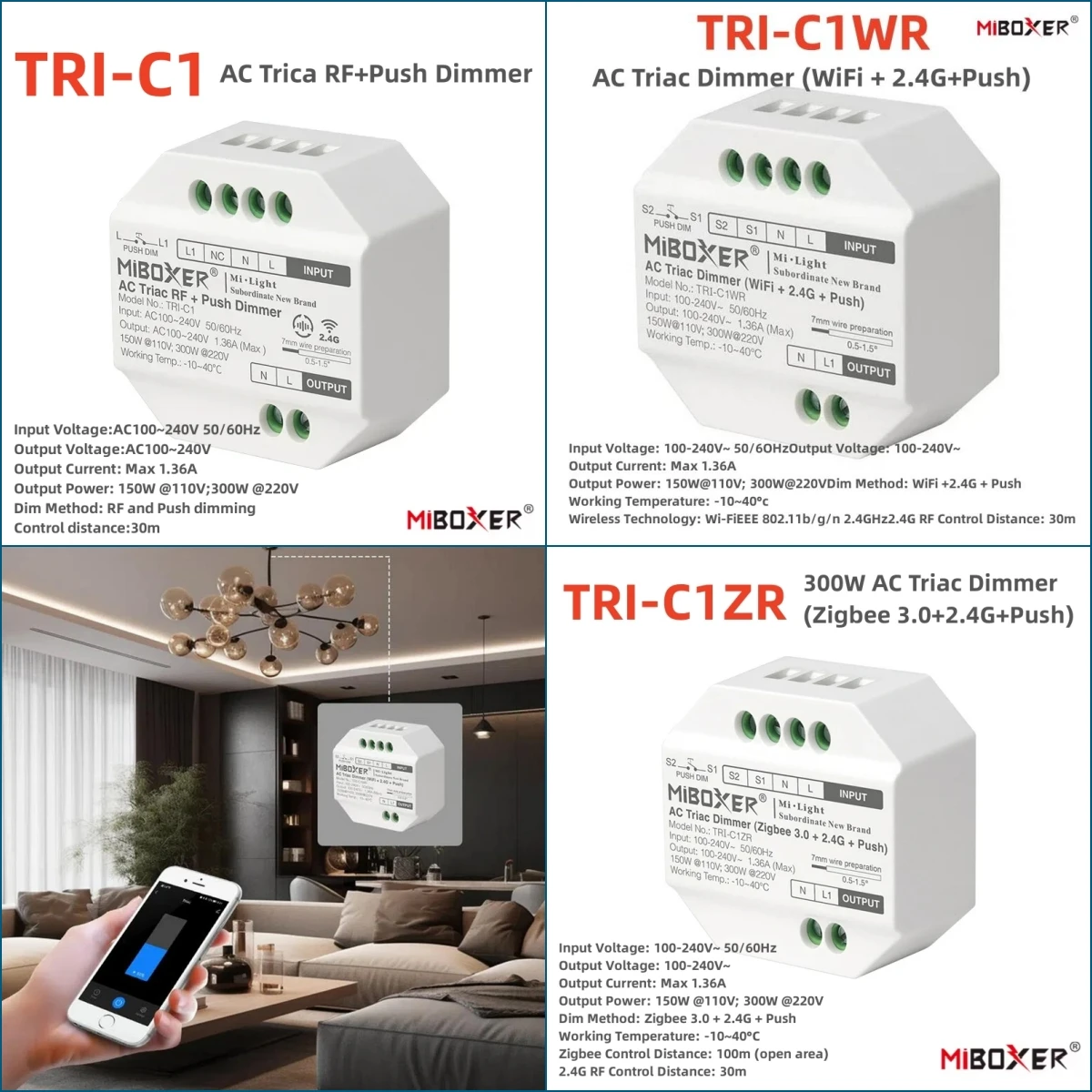 MiBoxer TRI-C1/ TRI-C1WR/ TRI-C1ZR AC Triac Dimmer RF Push Dimmer 110-240V App /Voice /Remote Control for LED Bulb Lights - view 6