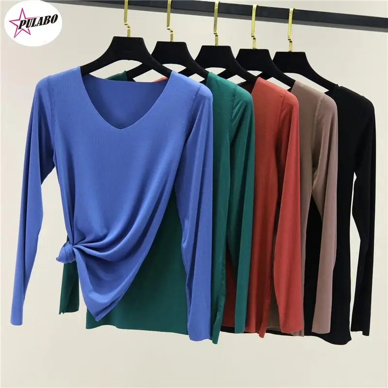 PULABO Modal Long-Sleeved T Shirt Women Autumn Winter Thin Slim-Fit Seamless V-neck Inner Base Shirt Thin Knitted Top T-shirts