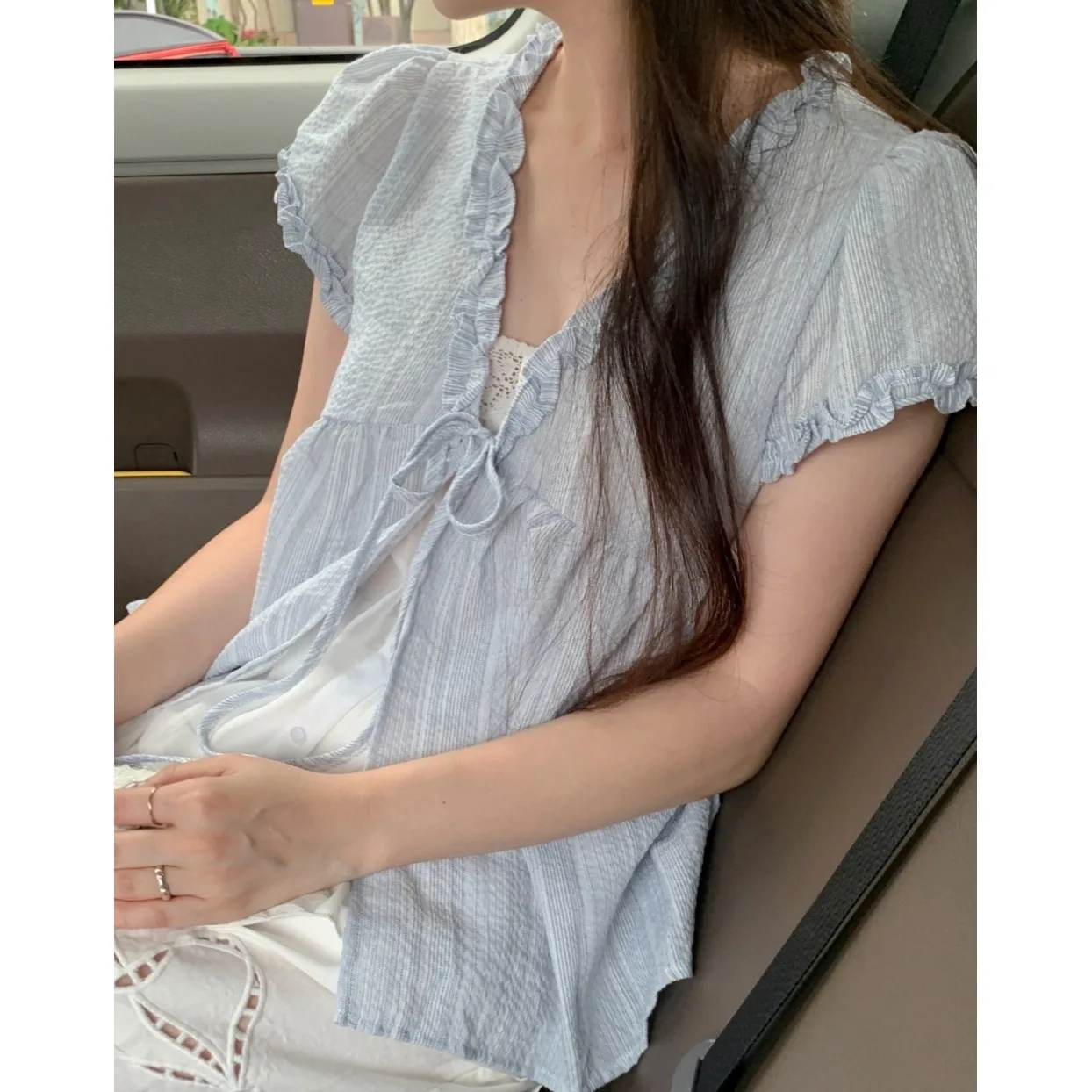 

2026 Summer New Fashionable Korean Style Women's Shirt Short Sleeve Tie Waist Stripe Ruffle Top Breathable Skin-Friendly