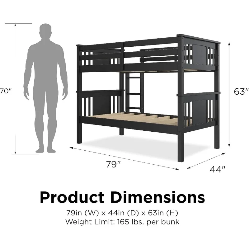 Twin Over Twin Bunk Bed, Espresso, Sturdy Wood Construction, Converts to 2 Twin Beds, Guard Rails, Step Ladder