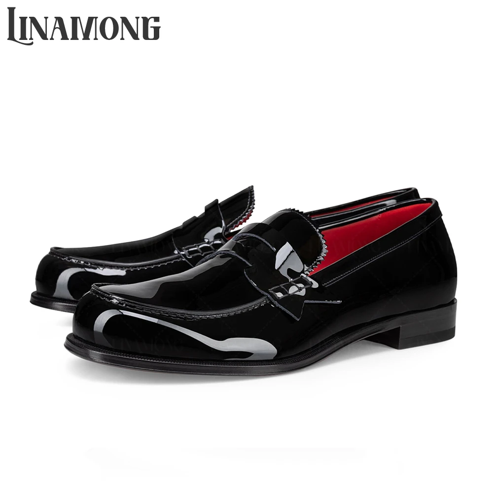 

Black Patent Leather Loafers For Men Top-Stitching Black Loafers Banquets Shoes Soft Genuine Leather Slip On Shoes for Wedding