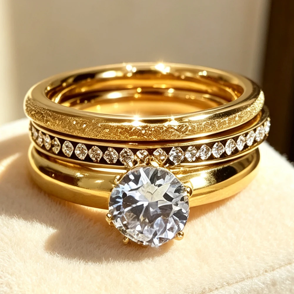 Yupsk 3pcs Classic Fashion Zircon Inlaid Stainless Steel Rings Set for Women Sparkling CZ Engagement Party Ring Jewelry