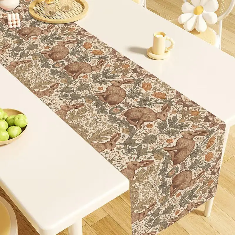 Rabbit Table Runner, Vintage Botanical Floral Design Waterproof Linen Table Runner for Dining Table, Cottage Core Nature Decor