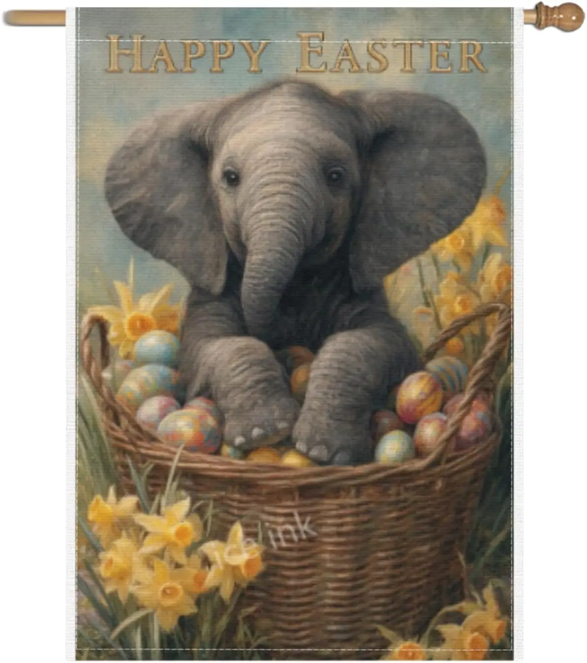Ice ink Elephant Happy Easter Eggs Basket Daffodils Garden Flag 28x40 Inch Linen Burlap Double Colorful Sided Yard Flag for  PPM